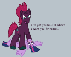 Size: 1703x1377 | Tagged: safe, artist:zoeyhorse, fizzlepop berrytwist, tempest shadow, twilight sparkle, alicorn, pony, unicorn, g4, blush sticker, blushing, broken horn, dialogue, duo, duo female, female, gray background, horn, lesbian, mare, pinned, ship:tempestlight, shipping, simple background, twilight sparkle (alicorn)