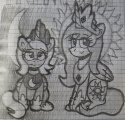 Size: 4143x3961 | Tagged: safe, artist:rosa ushiromiya, princess celestia, princess luna, alicorn, pony, mlp fim's fourteenth anniversary, g4, duo, duo female, female, graph paper, looking at you, mare, monochrome, moon, s1 luna, sitting, sun, traditional art, young celestia, young luna