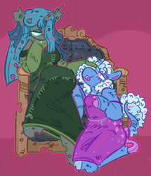 Size: 978x1136 | Tagged: safe, artist:lichenbug, queen chrysalis, trixie, changeling, changeling queen, unicorn, anthro, unguligrade anthro, g4, alternate design, alternate eye color, alternate hairstyle, alternate tailstyle, arm fluff, beanbrows, blue coat, blue mane, blue tail, blush scribble, blushing, changeling horn, chest fluff, clothes, coat markings, colored hooves, colored horn, colored pinnae, colored pupils, colored sclera, colored underhoof, crossed legs, curly mane, curly tail, dress, duo, duo female, ear piercing, earring, elbow fluff, evening gloves, eyebrows, eyebrows visible through hair, eyelashes, eyeshadow, facial markings, fangs, female, gloves, gown, gray body, green dress, green eyes, green eyeshadow, green pupils, green sclera, hand on head, hoof fingers, hooves, horn, jewelry, knee fluff, kneeling, leonine tail, lesbian, long eyelashes, long gloves, long mane, looking at each other, looking at someone, looking down, makeup, mare, off shoulder, piercing, pink eyes, profile, purple blush, purple dress, purple eyeshadow, purple hooves, shipping, shoulder fluff, sitting, slit pupils, small horn, socks, straight mane, tail, tail fluff, tail markings, three quarter view, throne, trixalis, two toned mane, underhoof, unicorn horn, unshorn fetlocks, waist chain, wall of tags, white pupils