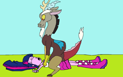 Size: 1266x794 | Tagged: safe, artist:mojo1985, discord, draconequus, human, equestria girls, g4, armpit tickling, armpits, beautiful, beautisexy, best friend, best friends, clothes, dress, duo, duo male and female, eyes closed, fall formal outfits, female, friend, friends, fun, funny, human female, laughing, lying down, male, misleading thumbnail, open mouth, outdoors, pretty, sexy, sleeveless, sleeveless dress, smiling, tickling