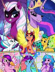 Size: 3430x4463 | Tagged: safe, artist:thelma-v, hitch trailblazer, izzy moonbow, misty brightdawn, opaline arcana, pipp petals, sparky sparkeroni, sunny starscout, twilight sparkle, zipp storm, alicorn, earth pony, pegasus, pony, unicorn, g4, g5, abstract background, artificial horn, artificial wings, augmented, colored wings, concave belly, crown, diverse body types, ethereal mane, eyelashes, eyeshadow, female, furrowed brow, g4 to g5, generation leap, high res, hoof heart, horn, jewelry, lidded eyes, magic, magic horn, magic wings, makeup, male, mane five, mane seven (g5), mane six (g5), mane stripe sunny, mare, multicolored wings, music notes, obtrusive watermark, older, older twilight, older twilight sparkle (alicorn), peytral, princess twilight 2.0, race swap, raised hoof, rebirth misty, regalia, slender, spread wings, stallion, standing, starry mane, sunny and her heroine, sunnycorn, tall, thin, twilight sparkle (alicorn), underhoof, unshorn fetlocks, upside-down hoof heart, watermark, wings