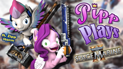 Size: 1920x1080 | Tagged: safe, artist:pika-robo, pipp petals, zipp storm, pegasus, pony, series:pipp plays, g4, g5, 3d, chainsword, duo, fake thumbnail, female, folded wings, g5 to g4, gamer pipp, gamer zipp storm, gaming headset, generation leap, grin, hammer, headset, let's play, mare, open mouth, open smile, outdoors, smiling, source filmmaker, space marine, spread wings, sword, warhammer (game), warhammer 40k, weapon, wings, youtube thumbnail