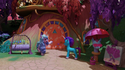 Size: 3840x2160 | Tagged: safe, artist:raindashesp, izzy moonbow, misty brightdawn, pony, unicorn, g5, bridlewood, craft, duo, duo female, female, horn, la villa izzy, looking at each other, looking at someone, mare, outdoors, painting, rebirth misty, treehouse, unitober 2024