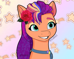 Size: 5911x4751 | Tagged: safe, artist:thelma-v, sunny starscout, earth pony, pony, g5, absurd resolution, colored, ethereal mane, eyebrows, eyeshadow, female, flower, flower in hair, gradient background, grin, lightly watermarked, looking sideways, looking up, makeup, mane stripe sunny, mare, pins, rose, rose in hair, signature, smiling, solo, starry mane, stars, sunny's bag, watermark