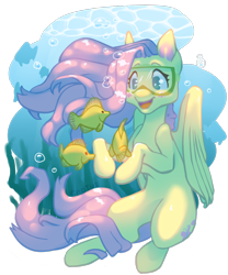 Size: 1000x1200 | Tagged: safe, artist:enotus75, fluttershy, fish, pegasus, pony, g4, belly, blush lines, blushing, bubble, concave belly, cute, digital art, diving, female, flowing mane, flowing tail, goggles, happy, mare, ocean, open mouth, open smile, partially transparent background, seaweed, shyabetes, smiling, solo, sunlight, swimming, tail, underwater, water, wings