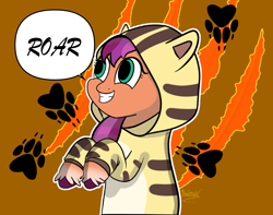 Size: 2516x1980 | Tagged: safe, artist:thelma-v, sunny starscout, earth pony, pony, g5, bipedal, clothed ponies, clothes, costume, costumed ponies, cute, female, grin, looking up, paw prints, rawr, roar, smiling, solo, speech bubble, sunnybetes, tiger costume, unshorn fetlocks, year of the tiger