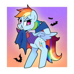 Size: 1500x1500 | Tagged: safe, artist:vivian reed, rainbow dash, bat, pegasus, pony, g4, bipedal, blush scribble, blushing, cape, clothes, costume, fangs, female, furrowed brow, grin, mare, nightmare night, nightmare night costume, no pupils, passepartout, smiling, solo, vampire costume