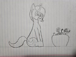 Size: 4000x3000 | Tagged: safe, artist:ninjanaut1000, princess luna, mlp fim's fourteenth anniversary, g4, candy, female, food, lineart, lined paper, mare, nightmare night, smiling, solo, traditional art