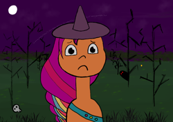 Size: 842x595 | Tagged: safe, artist:fieryfly, sunny starscout, pony, mlp fim's fourteenth anniversary, g5, creature, female, forest, forest background, grass, mane stripe sunny, mare, moon, nature, night, outdoors, skull, solo, tree