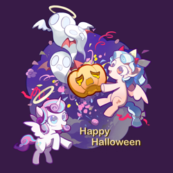 Size: 2882x2877 | Tagged: safe, artist:biyezibcoconut, cozy glow, princess flurry heart, alicorn, ghost, pegasus, pony, undead, g4, :d, angel costume, bow, candy, demon costume, demon horns, fangs, female, filly, foal, food, freckles, hair ribbon, halloween, halo, happy halloween, holding, holiday, horns, jack-o-lantern, open mouth, open smile, pumpkin, purple background, ribbon, simple background, smiling, spread wings, tail, tail bow, text, wings