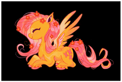 Size: 2457x1649 | Tagged: safe, artist:dar.alice, fluttershy, pegasus, pony, g4, eyes closed, flower, flower in hair, lying down, passepartout, spread wings, unshorn fetlocks, wings