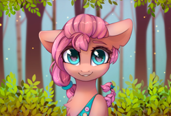 Size: 1748x1181 | Tagged: safe, artist:radioaxi, sunny starscout, earth pony, pony, g5, badge, braid, braided ponytail, bust, chest fluff, colored eyebrows, cute, ear fluff, female, fluttershy's cutie mark, forest, grin, leaf, looking at you, mare, nature, outdoors, ponytail, smiling, smiling at you, solo, sunny's bag, tree, twilight sparkle's cutie mark