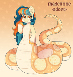 Size: 4396x4599 | Tagged: safe, artist:madelinne, oc, oc only, lamia, original species, semi-anthro, adoptable, adoptable open, adoption, belly, belly button, ear fluff, female, gradient background, looking at you, mare, reference sheet, solo, unshorn fetlocks