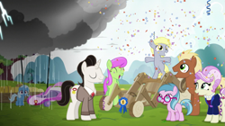 Size: 997x559 | Tagged: safe, edit, edited screencap, screencap, blue lily, derpy hooves, meadow song, medallion gold, merry may, rosetta, trixie, pegasus, pony, unicorn, g4, the cart before the ponies, award, background pony, bipedal, cloud, competition, confetti, eyes closed, female, filly, filly derpy, filly trixie, foal, glasses, horn, jealous, jewelry, lightning, looking at someone, male, mare, miss /mlp/, miss /mlp/ 2024, necklace, open mouth, open smile, outdoors, pearl necklace, rain, raincloud, sad, sad pony, smiling, stallion, tree, winner, younger