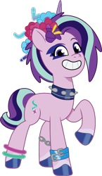 Size: 672x1162 | Tagged: safe, artist:prixy05, starlight glimmer, pony, unicorn, bridlewoodstock (tell your tale), g4, g5, my little pony: tell your tale, bridlewoodstock, collar, female, flower, flower in hair, g4 to g5, generation leap, horn, makeup, mare, raised hoof, simple background, solo, transparent background, vector