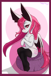 Size: 512x768 | Tagged: safe, artist:shaurmyau, oc, oc only, oc:shau, bat pony, pony, semi-anthro, abstract background, clothes, fangs, partially open wings, passepartout, signature, sitting, socks, solo, thigh highs, white coat, wings