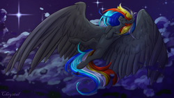 Size: 1920x1080 | Tagged: safe, artist:chrystal_company, oc, oc only, oc:darky wings, pegasus, pony, flying, night, outdoors, partially open wings, solo, stars, wings