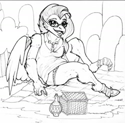 Size: 1280x1267 | Tagged: safe, artist:tellarasa, silverstream, classical hippogriff, hippogriff, human, g4, clothes, female, grayscale, human to classical hippogriff, human to hippogriff, mid-transformation, monochrome, open mouth, sitting, smiling, socks, solo, traditional art, transformation