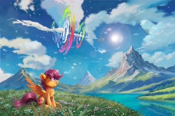 Size: 4096x2731 | Tagged: safe, alternate version, artist:allegrenix, rainbow dash, scootaloo, pegasus, pony, g4, cloud, duo, duo female, female, flying, grass, mare, mountain, open mouth, open smile, outdoors, scenery, sitting, sky, smiling, solo focus, sonic rainboom, spread wings, the cmc's cutie marks, wings