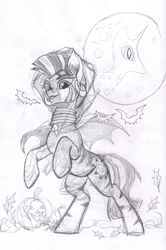 Size: 2181x3281 | Tagged: safe, artist:ciaran, derpibooru exclusive, zecora, bat, zebra, mlp fim's fourteenth anniversary, g4, luna eclipsed, my little pony: friendship is magic, scare master, season 2, bipedal, clothes, costume, ear piercing, earring, female, halloween, holiday, jewelry, leaf, looking at you, mare, mare in the moon, monochrome, moon, neck rings, nightmare night, nightmare night costume, pencil drawing, piercing, pumpkin, rearing, ring, simple background, smiling, solo, tail, tail ring, traditional art, white background