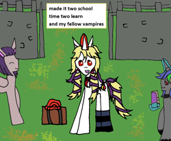 Size: 1218x1006 | Tagged: safe, artist:ask-luciavampire, oc, oc:alexander dash, oc:aura rhythm, oc:aurora dreamer, oc:ursula piper, pegasus, pony, undead, unicorn, vampire, vampony, ask, horn, tumblr, tumblr:ask-vampire-academy-ponys