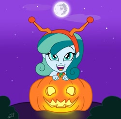 Size: 989x974 | Tagged: safe, artist:jenna56, oc, oc only, oc:prixy, oc:prixy lightshooter, human, lobster, equestria girls, g4, clothes, colored sclera, commission, costume, equestria girls-ified, female, halloween, headband, holiday, jack-o-lantern, lobster costume, moon, nightmare night costume, outdoors, pumpkin, solo, ych result