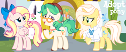 Size: 1280x526 | Tagged: safe, artist:vi45, oc, oc only, pegasus, pony, unicorn, bow, clothes, female, glasses, hair bow, hat, horn, mare, shirt, trio, trio female