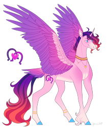 Size: 3000x3500 | Tagged: safe, artist:squishkitti, oc, oc only, alicorn, pony, g4, adoptable, alicorn oc, anklet, blue eyes, blue hooves, choker, coat markings, colored belly, colored ear fluff, colored hooves, colored wings, colored wingtips, curved horn, ear fluff, feathered wings, fetlock tuft, gradient legs, gradient mane, gradient tail, gradient wings, heart choker, high res, hooves, horn, hybrid tail, jewelry, long legs, magical lesbian spawn, male, male oc, multicolored mane, multicolored tail, offspring, pale belly, parent:amira, parent:princess cadance, pink coat, purple wingtips, raised hoof, simple background, small horn, smiling, socks (coat markings), solo, spread wings, stallion, stallion oc, standing on three hooves, tail, tail feathers, three quarter view, transparent background, wings