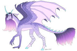 Size: 3938x2625 | Tagged: safe, artist:squishkitti, oc, oc only, dracony, dragon, hybrid, g4, adoptable, blue hooves, body markings, claws, clothes, coat markings, colored, colored belly, colored claws, colored eyebrows, colored eyelashes, colored hooves, colored horns, colored pinnae, colored wings, concave belly, countershading, curved horns, dappled, dracony oc, ear piercing, earring, eyelashes, facial markings, flat colors, floppy ears, frown, gradient hair, gradient tail, high res, hooves, horn, hybrid oc, hybrid wings, interspecies offspring, jewelry, leg markings, leg warmers, lidded eyes, long ears, long hair, long horn, long horns, long tail, looking back, magical lesbian spawn, multiple horns, no catchlights, offspring, pale belly, parent:princess cadance, parent:princess ember, partially open wings, piercing, profile, purple eyelashes, purple eyes, purple hair, purple tail, purple wings, raised claw, signature, simple background, solo, spiked tail, standing on three hooves, striped leg warmers, tail, tail spikes, thin, transparent background, wing claws, wing markings, wings