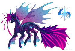 Size: 4000x2750 | Tagged: safe, artist:squishkitti, oc, oc only, hybrid, merpony, g4, adoptable, blue body, blue coat, blue hooves, coat markings, colored, colored belly, colored hooves, colored horn, concave belly, curved horn, eyebrow piercing, eyelashes, facial markings, fin wings, fins, flat colors, gills, gradient ears, gradient hair, gradient horn, gradient legs, gradient mane, gradient tail, high res, hooves, horn, leg fins, leg stripes, lidded eyes, long horn, looking back, magical lesbian spawn, markings, nose piercing, nose ring, offspring, pale belly, parent:queen novo, parent:twilight sparkle, piercing, profile, purple eyes, septum piercing, simple background, smiling, socks (coat markings), solo, striped, striped hair, striped horn, striped mane, striped tail, stripes, tail, tail fin, tail fins, tail markings, thin, transparent background, wings