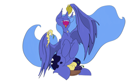 Size: 5600x3600 | Tagged: safe, artist:ponny, princess luna, alicorn, bat pony, bat pony alicorn, pony, g4, bat wings, bowl, eyes closed, food, grapes, horn, mango, open mouth, simple background, sitting, solo, tongue out, white background, wing hold, wings