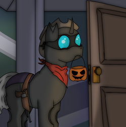 Size: 1052x1058 | Tagged: safe, artist:thomas.senko, oc, oc only, oc:captain black lotus, changeling, monster pony, pony, 2024, bandana, catchlights, changeling oc, clothes, commission, costume, cowboy, cowboy hat, cute, cuteling, detailed background, digital art, ears up, eyes open, front view, gun, halloween, halloween costume, happy, hat, holiday, holster, horn, indoors, looking forward, male, mask, mouth hold, no eyelashes, pony oc, pumpkin, pumpkin bucket, quadrupedal, shading, shadows, smiling, soft shading, solo, stallion, stallion oc, standing, toy gun, weapon, ych result