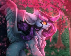 Size: 1253x992 | Tagged: safe, artist:reminati_27, oc, oc only, pegasus, pony, cherry blossoms, chest fluff, concave belly, female, flower, flower blossom, mare, solo, spread wings, spring, thin, wings