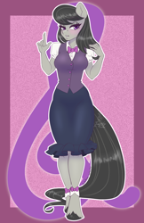 Size: 1650x2550 | Tagged: safe, artist:inkkeystudios, octavia melody, earth pony, anthro, unguligrade anthro, g4, bowtie, clothes, cutie mark background, dress, frilly dress, looking at you, passepartout, ponytober, solo