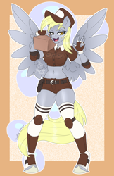 Size: 1650x2550 | Tagged: safe, artist:inkkeystudios, derpy hooves, pegasus, anthro, unguligrade anthro, g4, belly, belly button, breasts, clothes, cutie mark background, female, mailmare, mailmare uniform, passepartout, ponytober, shorts, socks, solo, thigh highs, wings