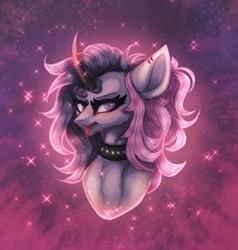 Size: 1077x1133 | Tagged: safe, artist:reminati_27, oc, oc only, pony, unicorn, blushing, bust, choker, curved horn, drool, female, horn, mare, portrait, solo, spiked choker, tongue out