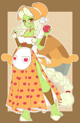 Size: 1650x2550 | Tagged: safe, artist:inkkeystudios, granny smith, earth pony, anthro, unguligrade anthro, g4, apple, breasts, busty granny smith, clothes, cutie mark background, food, passepartout, ponytober, young granny smith, younger