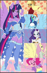 Size: 584x906 | Tagged: safe, artist:inkkeystudios, applejack, fluttershy, pinkie pie, rainbow dash, rarity, twilight sparkle, alicorn, earth pony, pegasus, unicorn, anthro, unguligrade anthro, g4, applejack's hat, bare shoulders, bracelet, breasts, cardigan, choker, chokertwi, cleavage, clothes, corset, cowboy hat, crossed arms, cutie mark background, ear piercing, earring, eyebrows, eyebrows visible through hair, eyes closed, flannel, flannel shirt, grin, group, hand on cheek, hat, horn, jewelry, looking at you, mane six, nail polish, necklace, off shoulder, open mouth, open smile, piercing, plaid shirt, ponytober, raglan shirt, sextet, shirt, smiling, socks, spread wings, stockings, thigh highs, twilight sparkle (alicorn), wings, zettai ryouiki