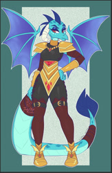 Size: 587x902 | Tagged: safe, artist:inkkeystudios, princess ember, dragon, anthro, g4, armor, clothes, dragon wings, dragoness, female, passepartout, ponytober, solo, wings