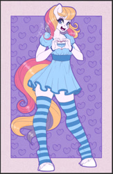 Size: 588x904 | Tagged: safe, artist:inkkeystudios, light heart, earth pony, anthro, unguligrade anthro, g2, bracelet, clothes, dress, heart, heart background, heart hands, jewelry, leg warmers, looking at you, open mouth, open smile, passepartout, ponytober, purple background, smiling, smiling at you, socks, solo, striped leg warmers, zettai ryouiki