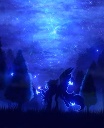 Size: 1039x1271 | Tagged: safe, artist:reminati_27, oc, oc only, butterfly, pegasus, pony, commission, concave belly, female, forest, mare, nature, night, night sky, outdoors, silhouette, sky, solo, thin, tree