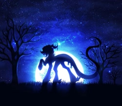 Size: 1341x1167 | Tagged: safe, artist:reminati_27, oc, oc only, pony, commission, fetlock tuft, full moon, horn, horn jewelry, horns, jewelry, moon, night, night sky, outdoors, silhouette, sky, solo, tree