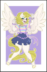 Size: 590x905 | Tagged: safe, artist:inkkeystudios, surprise, pegasus, anthro, unguligrade anthro, g1, clothes, looking at you, one eye closed, passepartout, ponytober, shirt, skirt, smiling, smiling at you, solo, spread wings, striped shirt, suspenders, wings, wink, winking at you