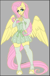 Size: 587x902 | Tagged: safe, artist:inkkeystudios, fluttershy, pegasus, anthro, unguligrade anthro, g4, clothes, colored hooves, eyeshadow, gray background, hooves, makeup, ponytober, simple background, skirt, socks, solo, thigh highs, unshorn fetlocks