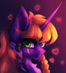 Size: 737x814 | Tagged: safe, artist:reminati_27, oc, oc only, pony, unicorn, braid, bust, chest fluff, eye scar, facial scar, female, floating heart, heart, heterochromia, horn, mare, portrait, scar, solo