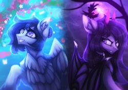 Size: 1479x1048 | Tagged: safe, artist:reminati_27, oc, oc only, demon, demon pony, pegasus, pony, duality, duo, female, horns, lightning, mare