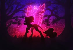 Size: 1720x1185 | Tagged: safe, artist:reminati_27, oc, oc only, alicorn, pony, alicorn oc, crescent moon, curved horn, horn, leonine tail, moon, night, night sky, outdoors, silhouette, sky, spread wings, tail, transparent horn, transparent wings, tree, wings