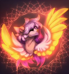 Size: 1124x1195 | Tagged: safe, artist:reminati_27, oc, oc only, pegasus, pony, abstract background, female, mare, one eye closed, spread wings, wings, wink