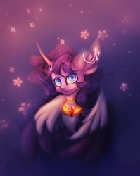 Size: 709x890 | Tagged: safe, artist:reminati_27, oc, oc only, alicorn, pony, alicorn oc, bust, curved horn, ear piercing, earring, female, horn, horn jewelry, jewelry, mare, necklace, peytral, piercing, wings