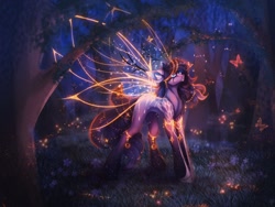 Size: 1156x870 | Tagged: safe, artist:reminati_27, oc, oc only, butterfly, pony, bracelet, commission, female, forest, glowing, glowing wings, insect wings, jewelry, mare, nature, outdoors, solo, transparent wings, tree, wings